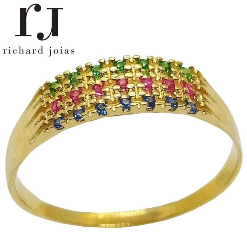 ANEL DE OURO 10KL C/ PEDRAS COLORIDAS PESO MÉDIO 1,5 GR