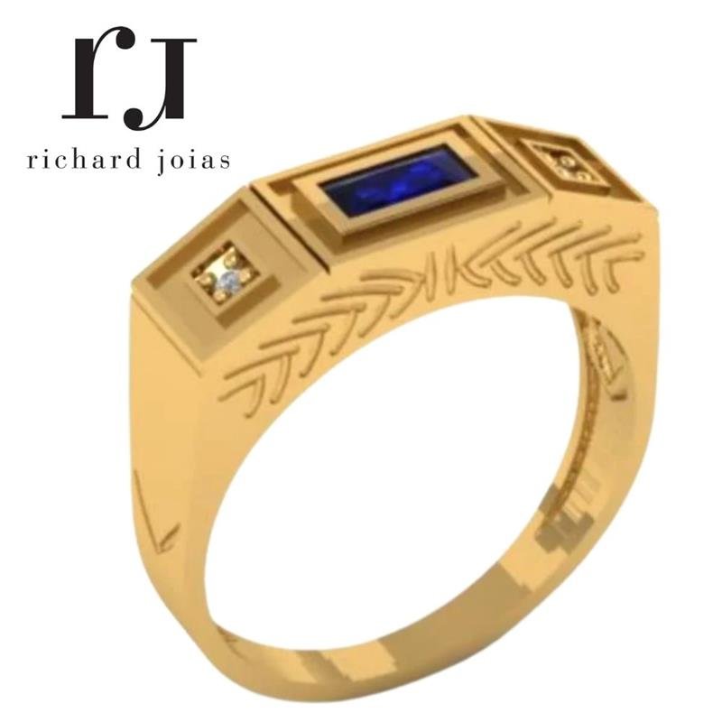 ANEL DE MOEDA MASCULINO DE PEDRA CENTRAL BAGUETE 3X6