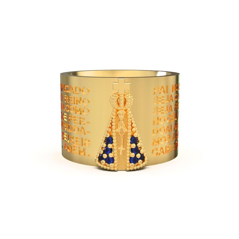 ANEL DE MOEDA 13MM PAI NOSSO C/ NOSSA SENHORA APARECIDA DE 08 PEDRAS
