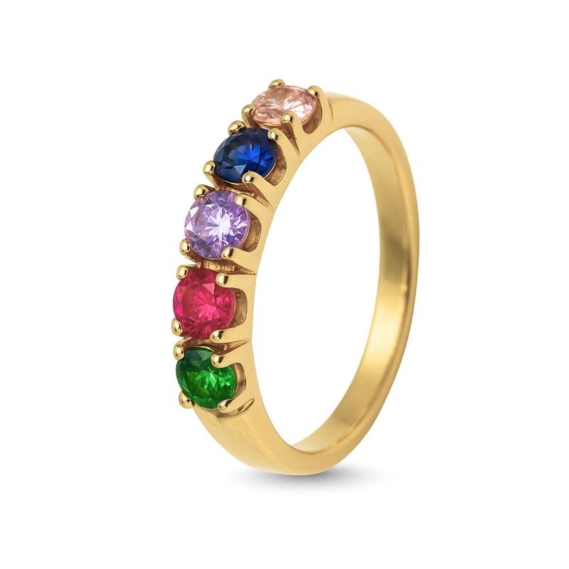 ANEL DE MOEDA MEIA ALIANÇA C/05 PEDRAS COLORIDAS DE 4MM