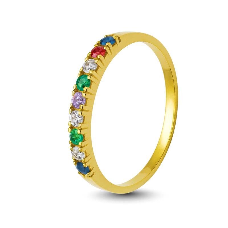 ANEL DE MOEDA MEIA ALIANÇA C/ PEDRAS COLORIDAS