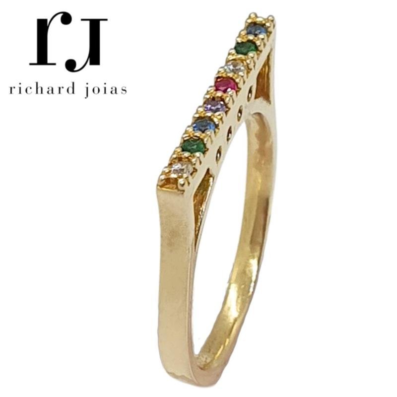 ANEL DE MOEDA QUADRADO C/08 PEDRAS COLORIDAS