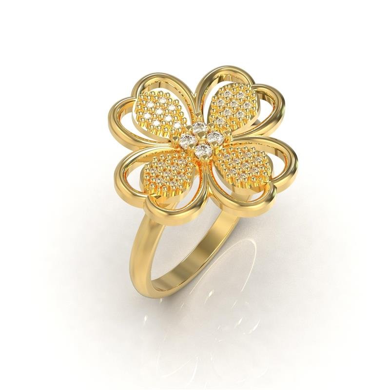 ANEL DE MOEDA FLOR COM PETALAS CRAVEJADA / 32 PEDRAS DE 1,0MM E 4 PEDRAS CENTRAIS DE 1,75MM