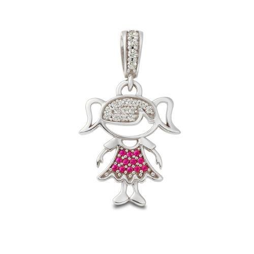 PINGENTE DE PRATA MENINA C/26 PEDRAS MUDA COR DA SAIA DE TAMANHO 1,5X1,8