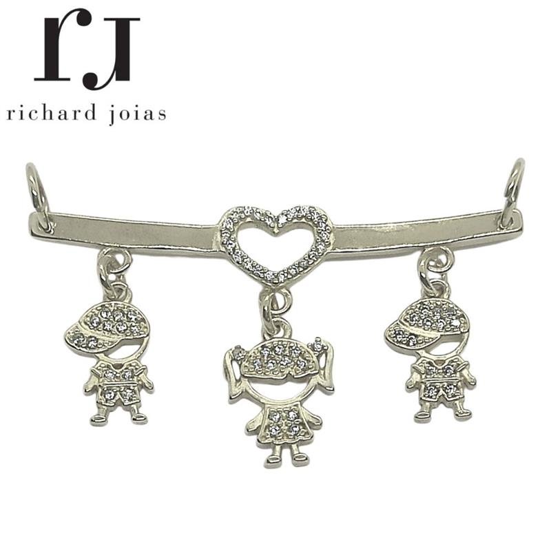 PINGENTE DE PRATA CANGA C/03 BONEQUINHOS E 61 PEDRAS 4,7 X 2,7