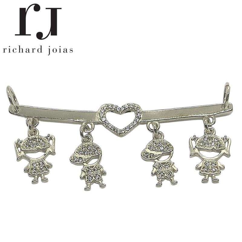 PINGENTE DE PRATA CANGA C/04 BONEQUINHOS E 74 PEDRAS 5,5 X 2,3