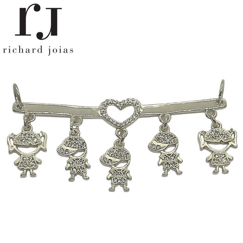 PINGENTE DE PRATA CANGA C/05 BONEQUINHOS E 87 PEDRAS 5,6 X 2,7