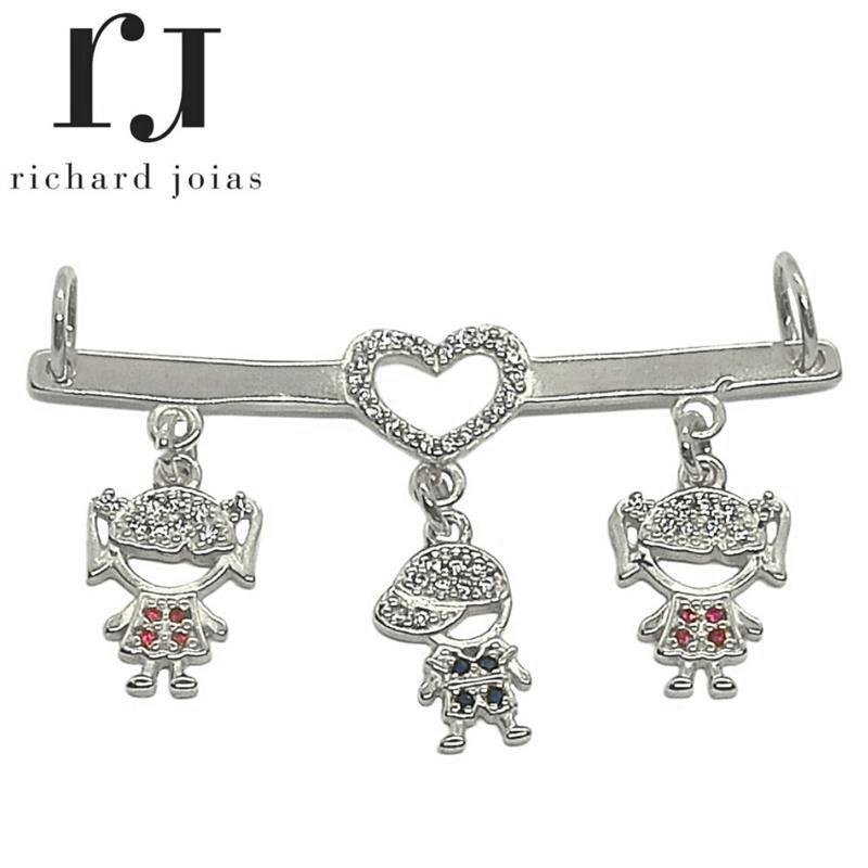 PINGENTE DE PRATA CANGA C/03 BONEQUINHOS MUDA COR DA ROUPA E 61 PEDRAS 4,7 X 2,7