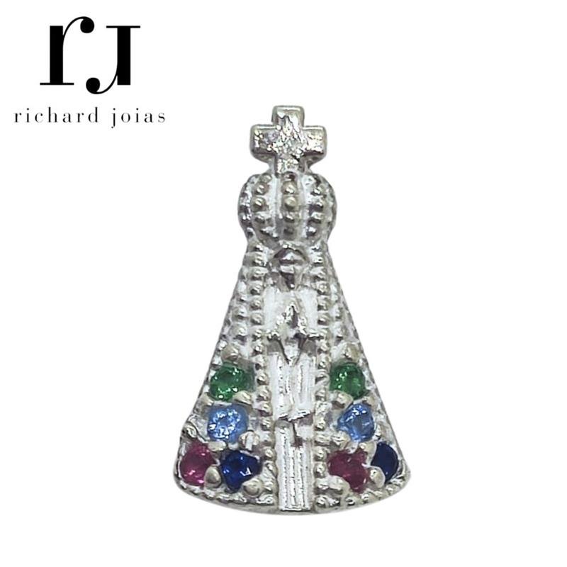 PINGENTE DE PRATA NOSSA SENHORA APARECIDA COLORIDO DE TAMANHO 1,8 X 0,8