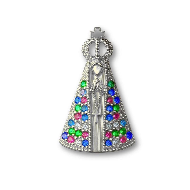 PINGENTE DE PRATA NOSSA SENHORA APARECIDA COLORIDO DE TAMANHO 2,5 X 1,5