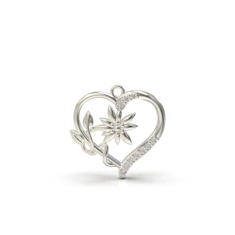 PINGENTE DE PRATA 925 A 950 CORAÇÃO COM FLOR 2,5 X 2,5 CM