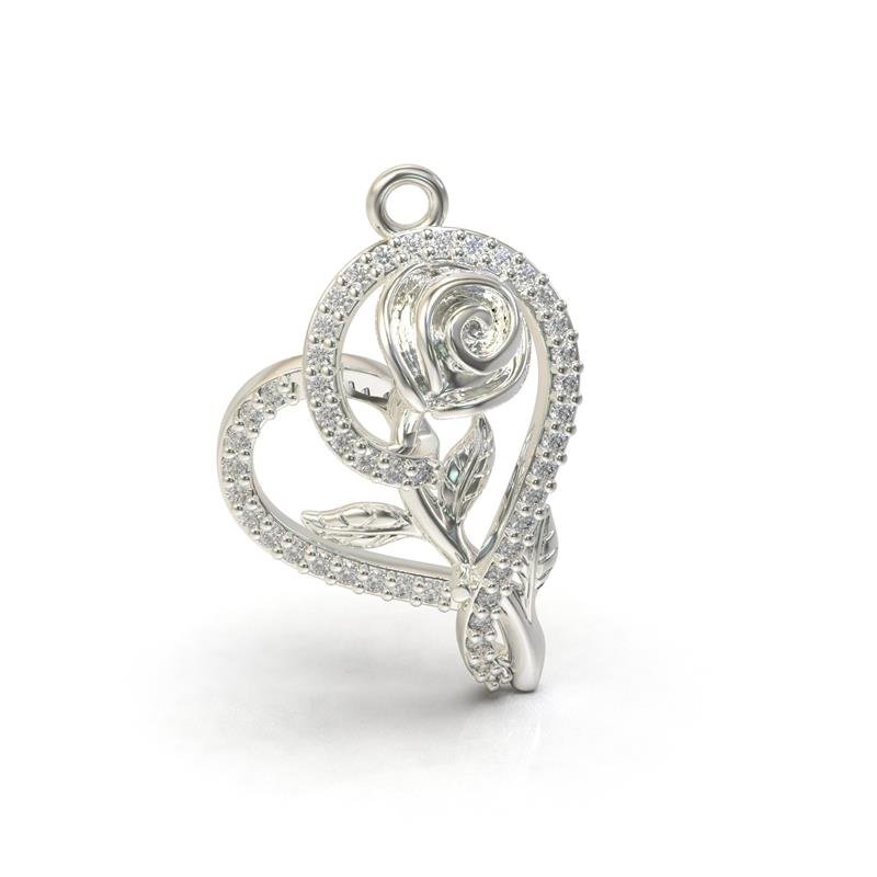 PINGENTE DE PRATA 925 A 950 CORAÇÃO COM ROSA 1,9 X 2,5 CM