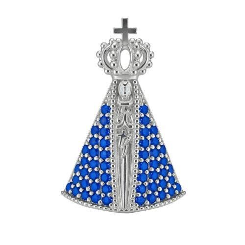 PINGENTE DE PRATA 925 NOSSA SENHORA APARECIDA C/ 50 PEDRAS TAM.G 1,5CM X 2,0MM