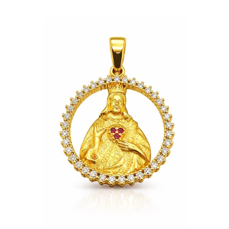 PINGENTE DE MOEDA SAGRADO CORAÇÃO DE JESUS 2,3 X 2,3 / CORAÇÃO VERMELHO E ARO CRISTAL