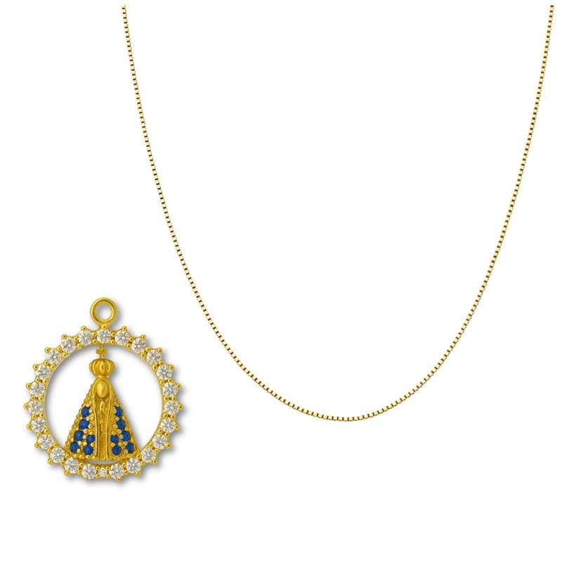PINGENTE DE MOEDA NOSSA SENHORA APARECIDA PEQUENO DE TAMANHO 1,5 X 1,5 + CORENTE FOLHEADA A OURO DE 40CM