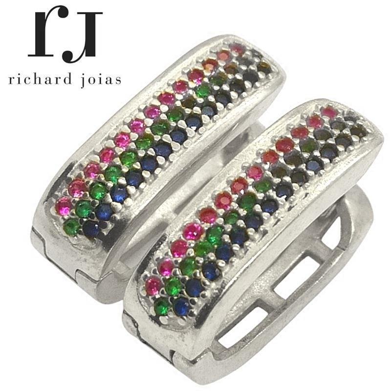 BRINCO DE PRATA COLORIDO DE PRESSÃO CRAVEJADO C/88 PEDRAS