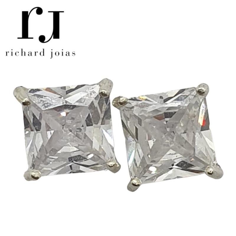 BRINCO DE PRATA PONTO DE LUZ PEDRA CARRE 6X6MM+TARRAXA