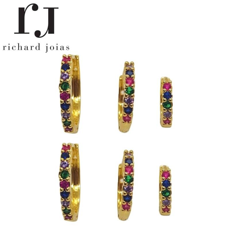 BRINCO FOLHEADO A OURO TRIO DE ARGOLINHAS COLORIDAS