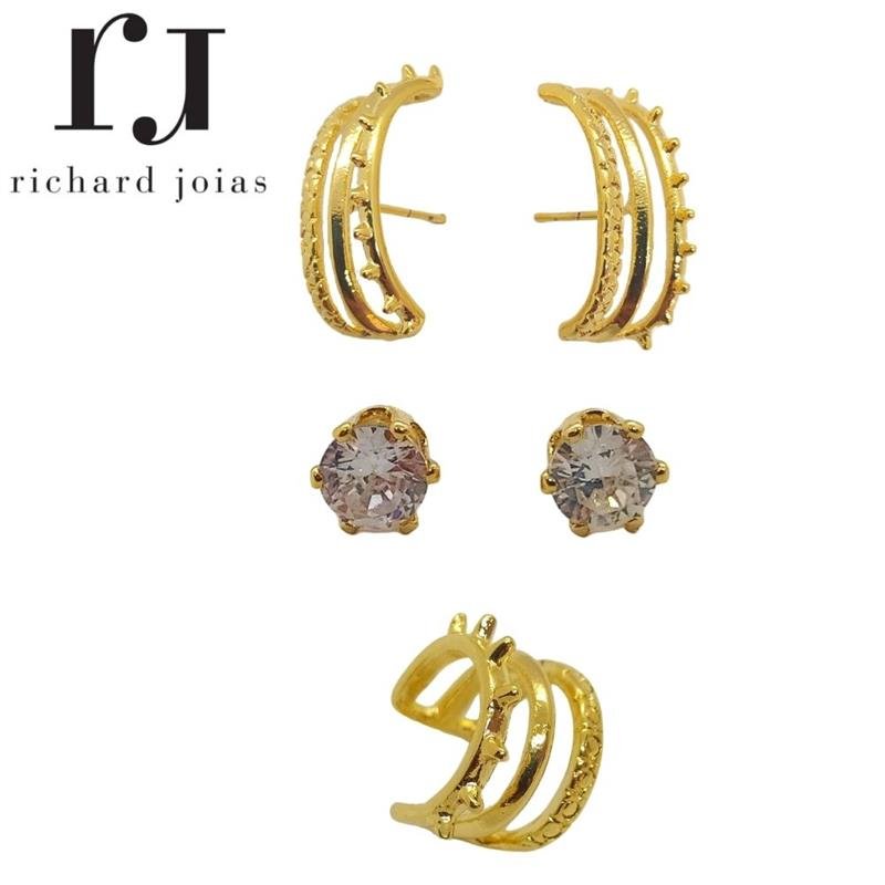 BRINCO FOLHEADO A OURO TRIO C/ STRASS E PIERCING