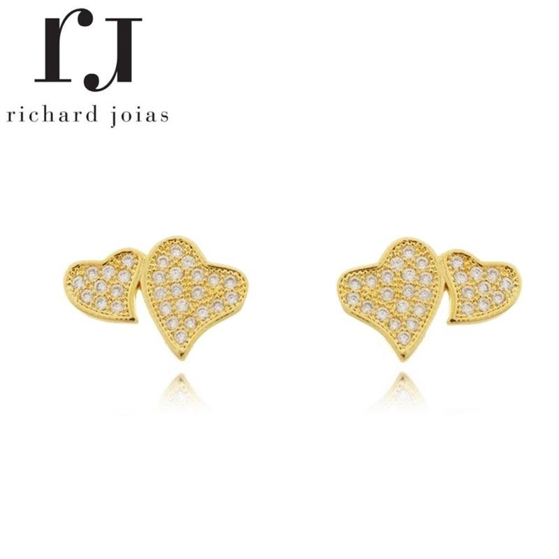 BRINCO FOLHEADO A OURO CORAÇÃO DUPLO CRAVEJADO