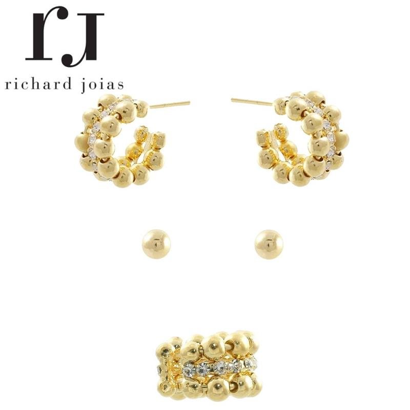 BRINCO FOLHEADO A OURO TRIO DE BOLA LISA COM STRASS E PIERCING