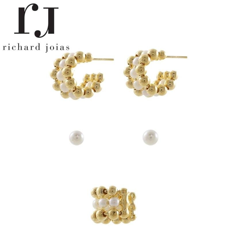 BRINCO FOLHEADO A OURO TRIO DE PÉROLAS COM PIERCING FAKE