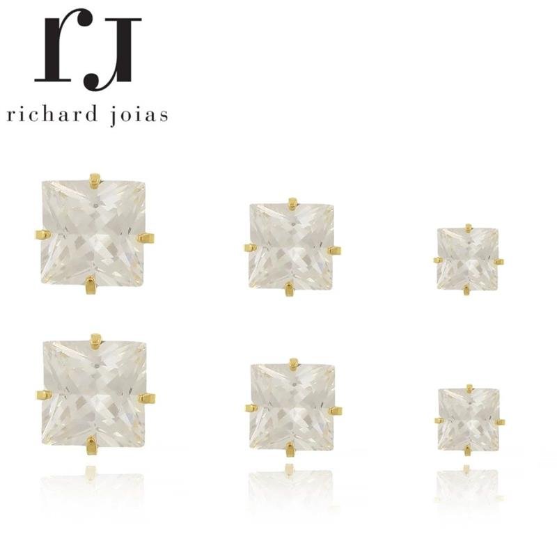 BRINCO FOLHEADO A OURO TRIO PONTO DE LUZ QUADRADO