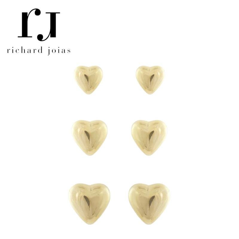 BRINCO FOLHEADO A OURO TRIO DE CORAÇÃO LISO (6MM/8MM/10MM)