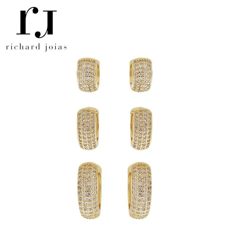 BRINCO FOLHEADO A OURO TRIO ARGOLINHAS CRAVEJADAS