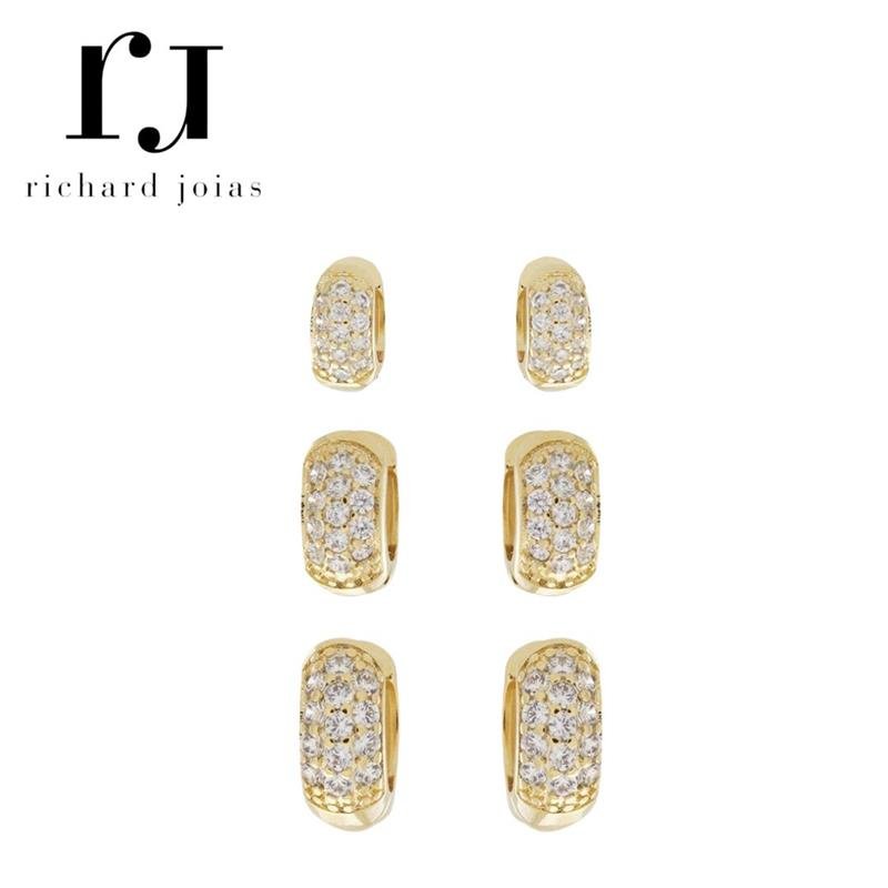 BRINCO FOLHEADO A OURO TRIO ARGOLINHAS CRAVEJADAS