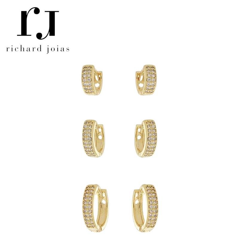 BRINCO FOLHEADO A OURO TRIO ARGOLAS CRAVEJADAS