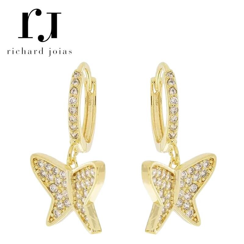 BRINCO FOLHEADO A OURO ARGOLINHA COM BORBOLETA CRAVEJADA