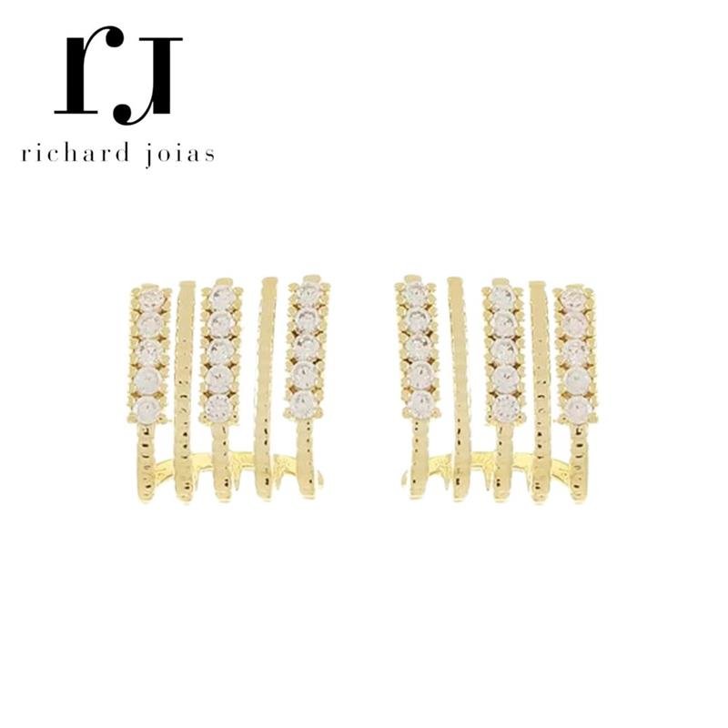 BRINCO FOLHEADO A OURO MEIA ARGOLINHA CRAVEJADO