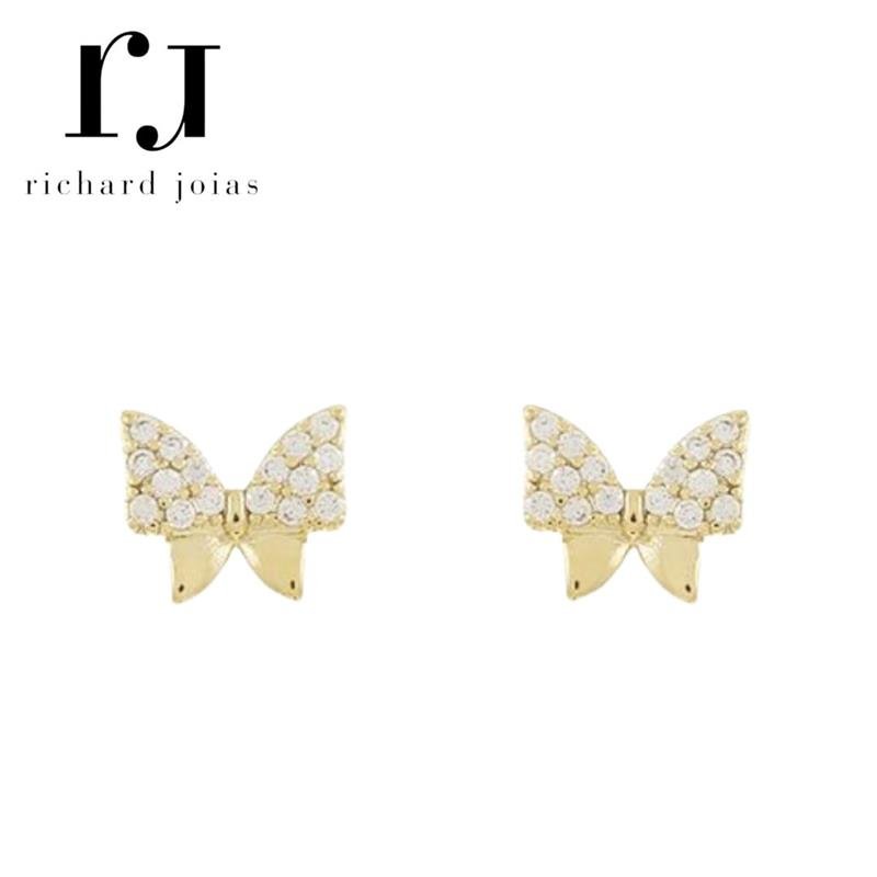 BRINCO FOLHEADO A OURO BORBOLETINHA CRAVEJADA