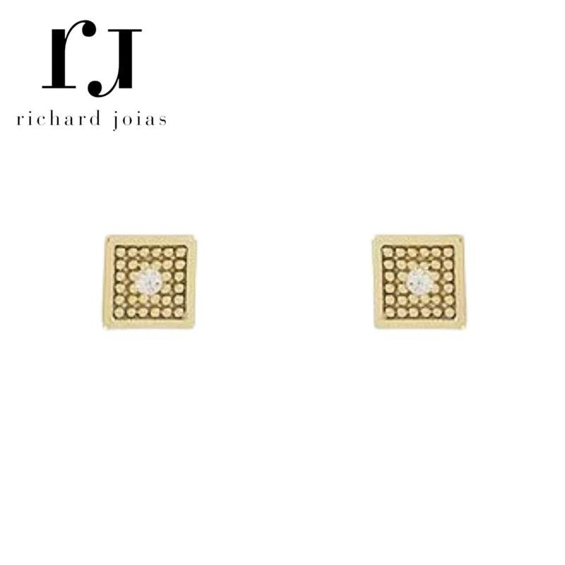 BRINCO FOLHEADO A OURO QUADRADINHO CRAVEJADO