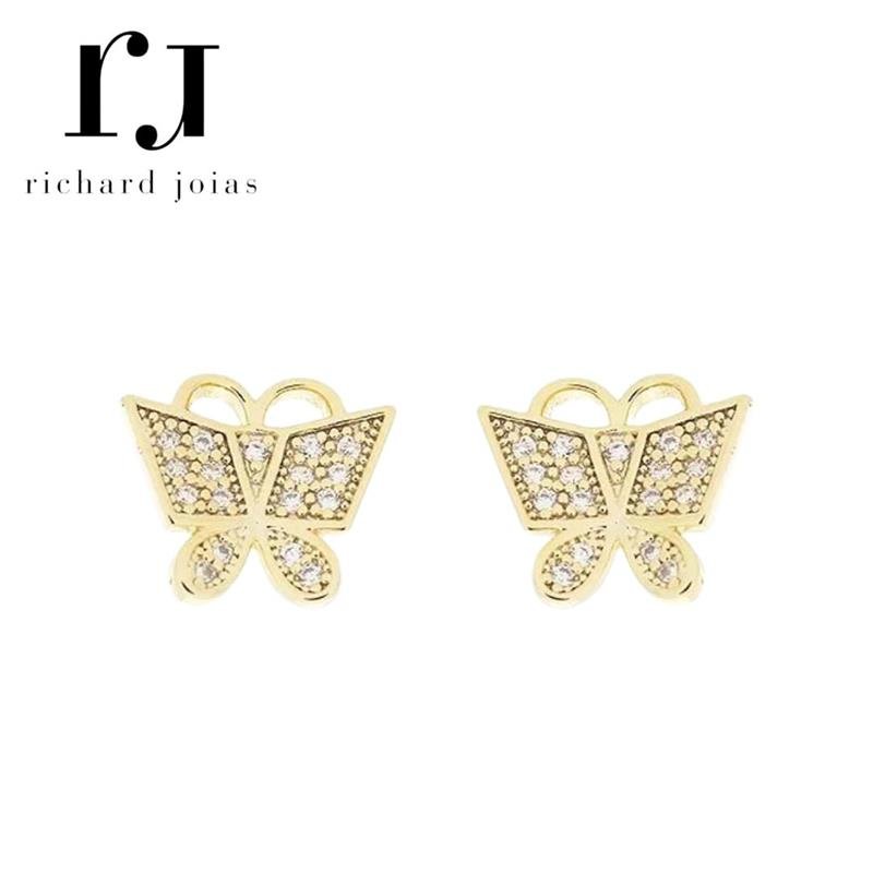 BRINCO FOLHEADO A OURO BORBOLETA CRAVEJADA