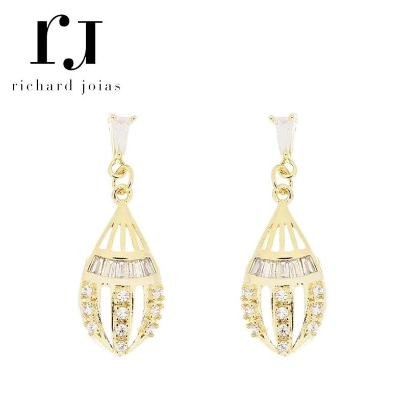 BRINCO FOLHEADO A OURO GOTA DETALHADO CRAVEJADO