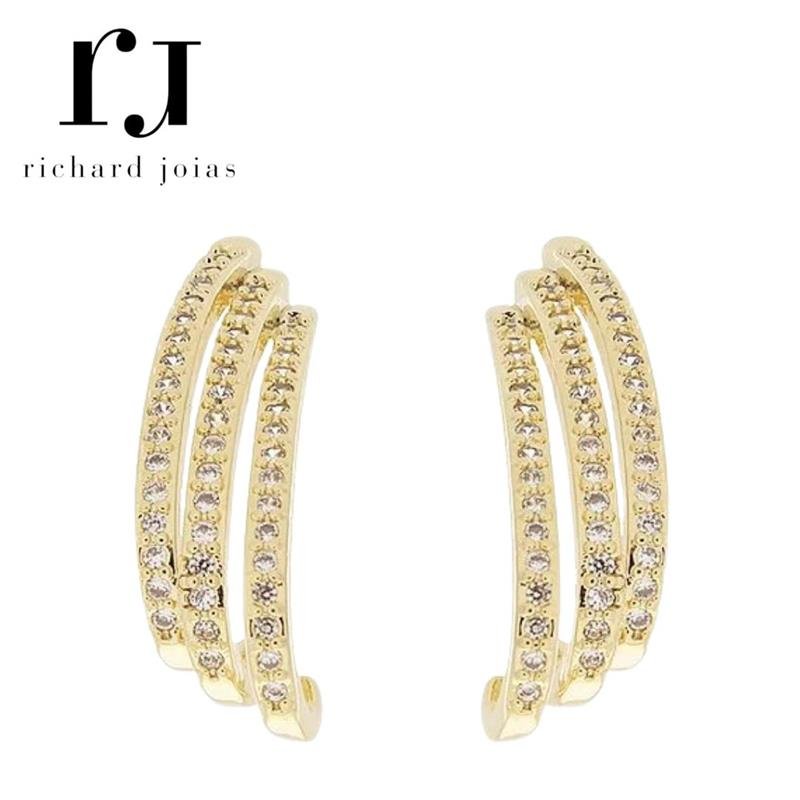 BRINCO FOLHEADO A OURO MEIA ARGOLA CRAVEJADO (24,5MM)