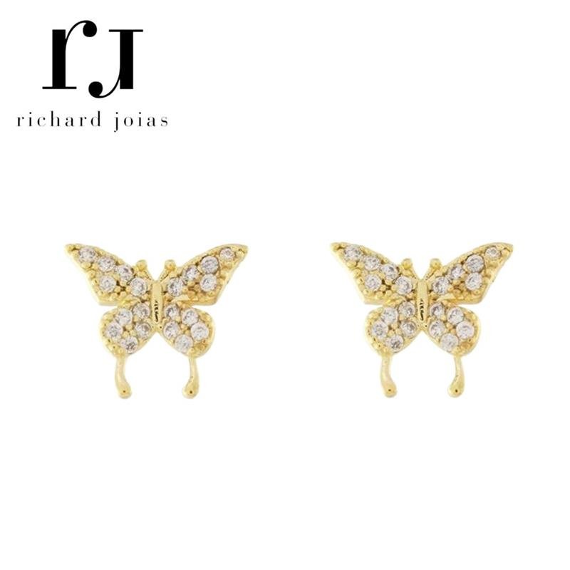 BRINCO FOLHEADO A OURO BORBOLETINHA CRAVEJADA