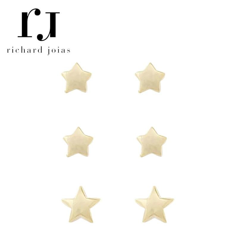 BRINCO FOLHEADO A OURO TRIO DE ESTRELAS LISAS (10MM)