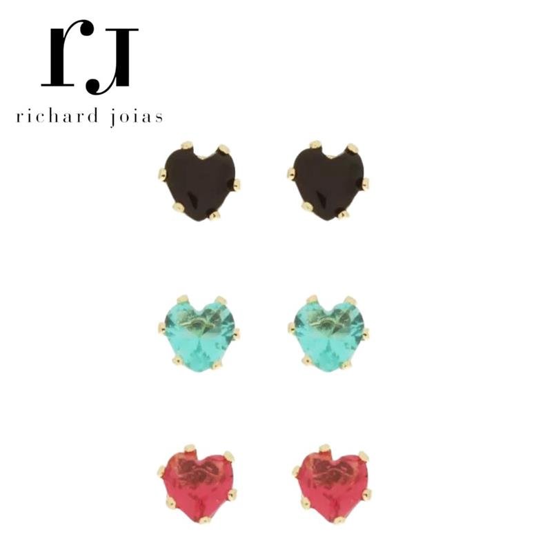 BRINCO FOLHEADO A OURO TRIO DE CORAÇÕES COLORIDOS (4MM)