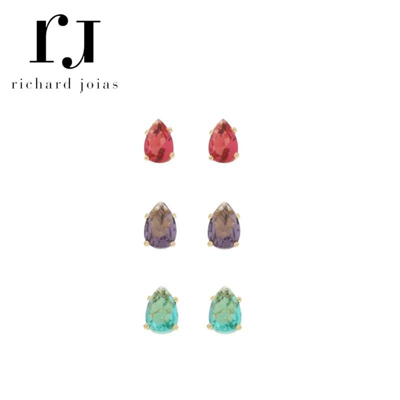 BRINCO FOLHEADO A OURO TRIO GOTA COLORIDO (4X6)