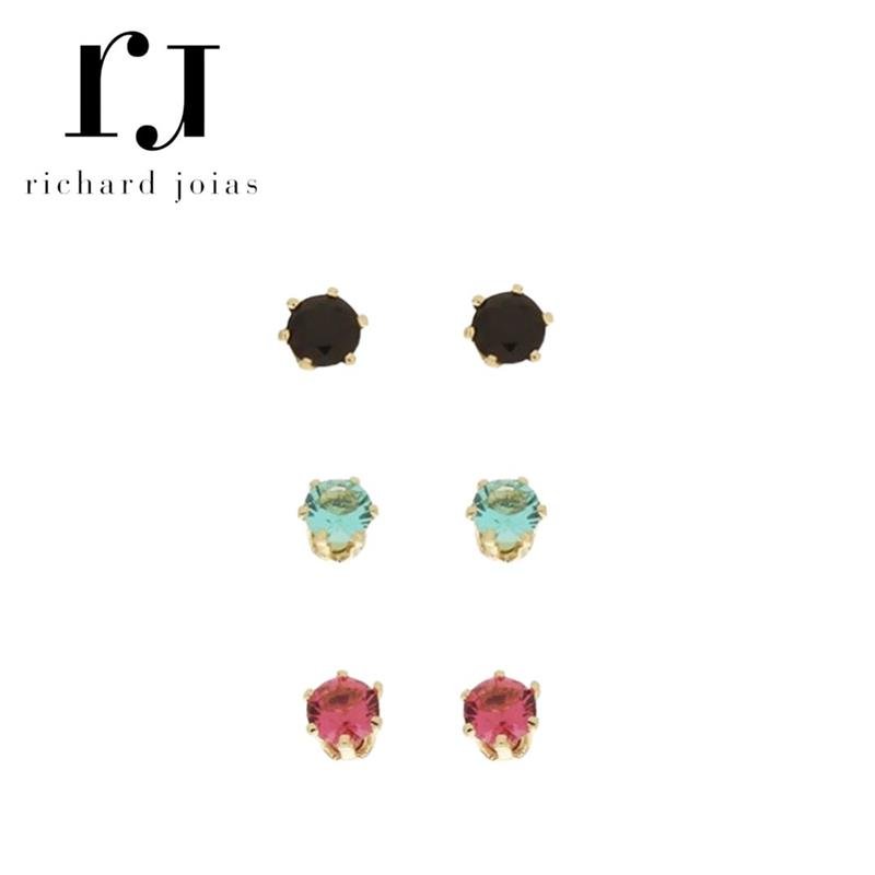 BRINCO FOLHEADO A OURO TRIO PONTOS DE LUZ REDONDO COLORIDOS (3MM)