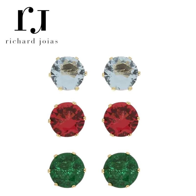 BRINCO FOLHEADO A OURO TRIO PONTOS DE LUZ REDONDO COLORIDOS (6MM)