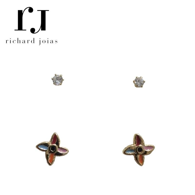 BRINCO FOLHEADO A OURO DUPLO BABY C/ FLOR COLORIDA