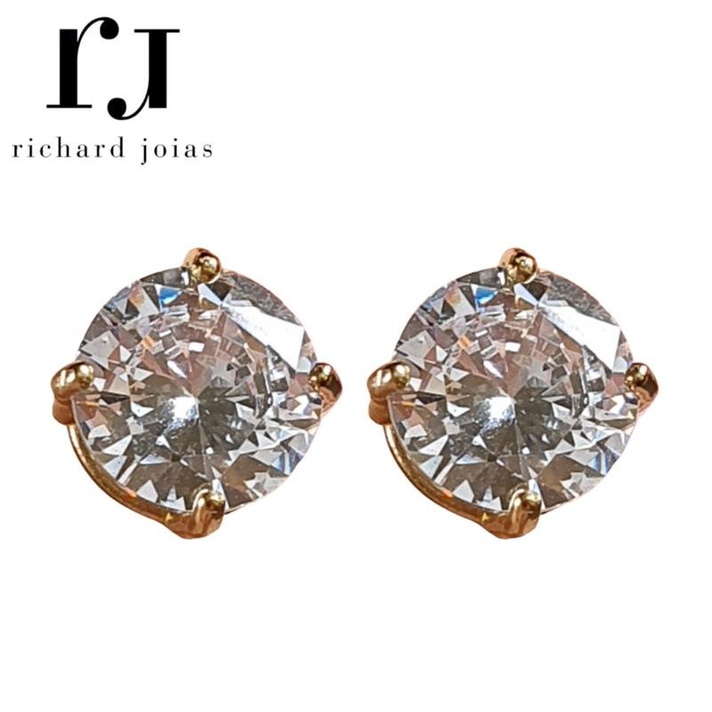 BRINCO DE MOEDA PEDRA REDONDA 6MM+TARRAXA FOLHEADA A OURO