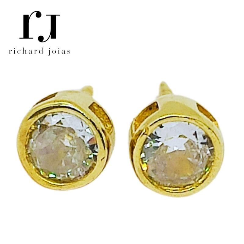 BRINCO DE MOEDA REDONDO C/ PEDRA 5MM+TARRAXA FOLHEADA A OURO