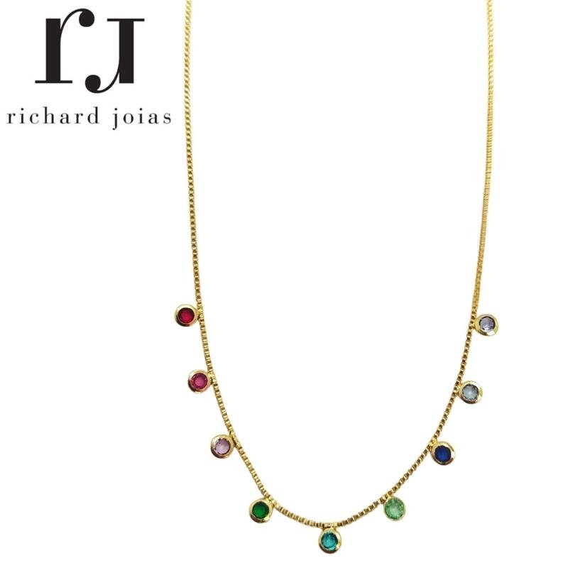 CORRENTE FOLHEADO A OURO )VENEZIANA CHOCKER C/ PEDRINHAS COLORIDAS 3MM DE 40CM + 10 CM (ESGOTADO)