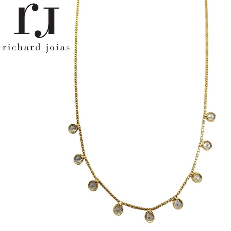 CORRENTE FOLHEADO A OURO VENEZIANA CHOCKER C/ PEDRINHAS CRISTAL 3MM DE 40CM + 10 CM