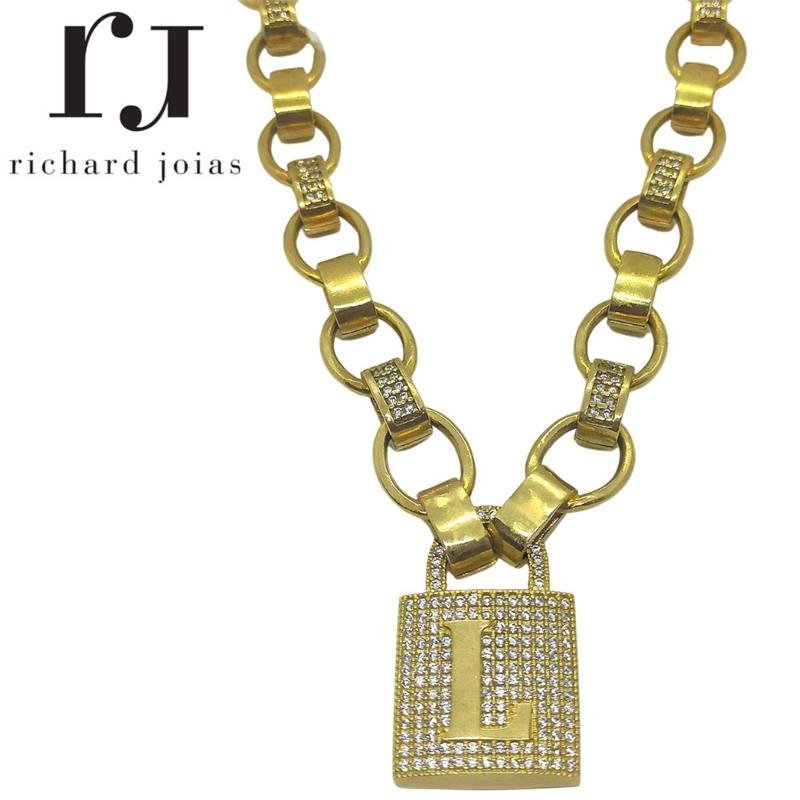 CORRENTE DE MOEDA 45CM C/ PINGENTE DE CADEADO LETRA L 2,5 X 4,0 E ELO 1,5 X 2,8 MISTO